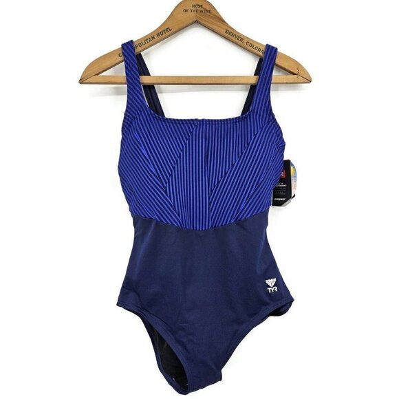 New TYR Monroe Aqua ControlFit Swimsuit Womens 8 Navy Blue Stripe Bathing Suit - Picture 3 of 7